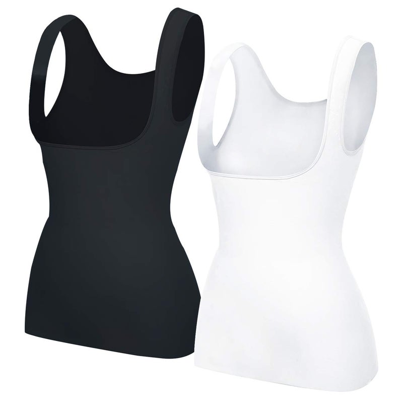 EUYZOU Women's 2pk Underbust Shapewear Tank Tops - Seamless Tummy Control Compression Camisole Tops Slimming Tank - Black&White M - Image 1
